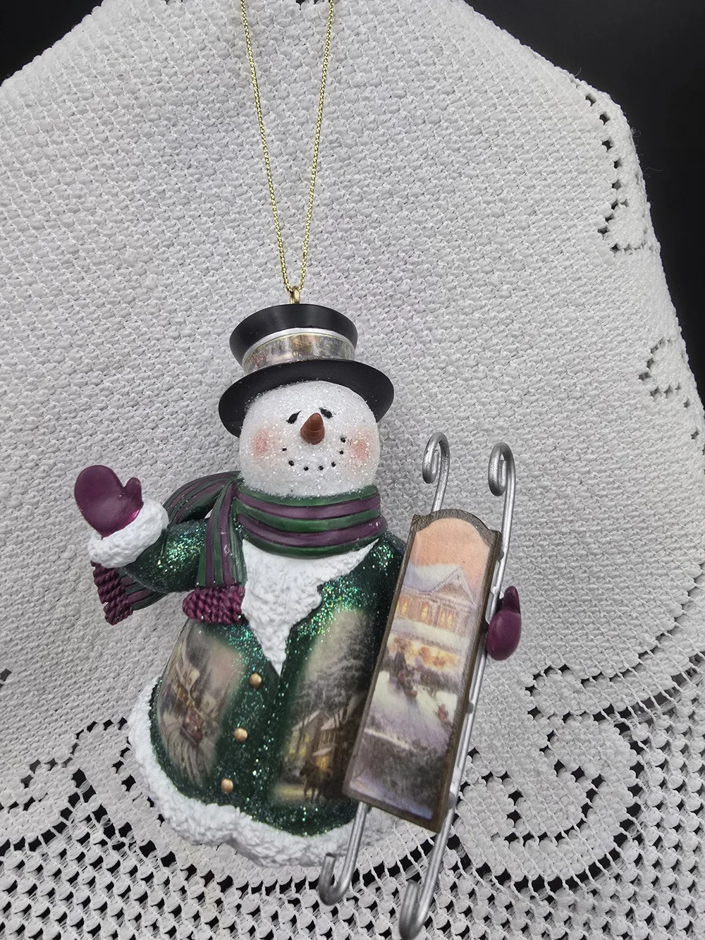 Thomas Kinkade Green and White Snowman Ornament with Purple Accents